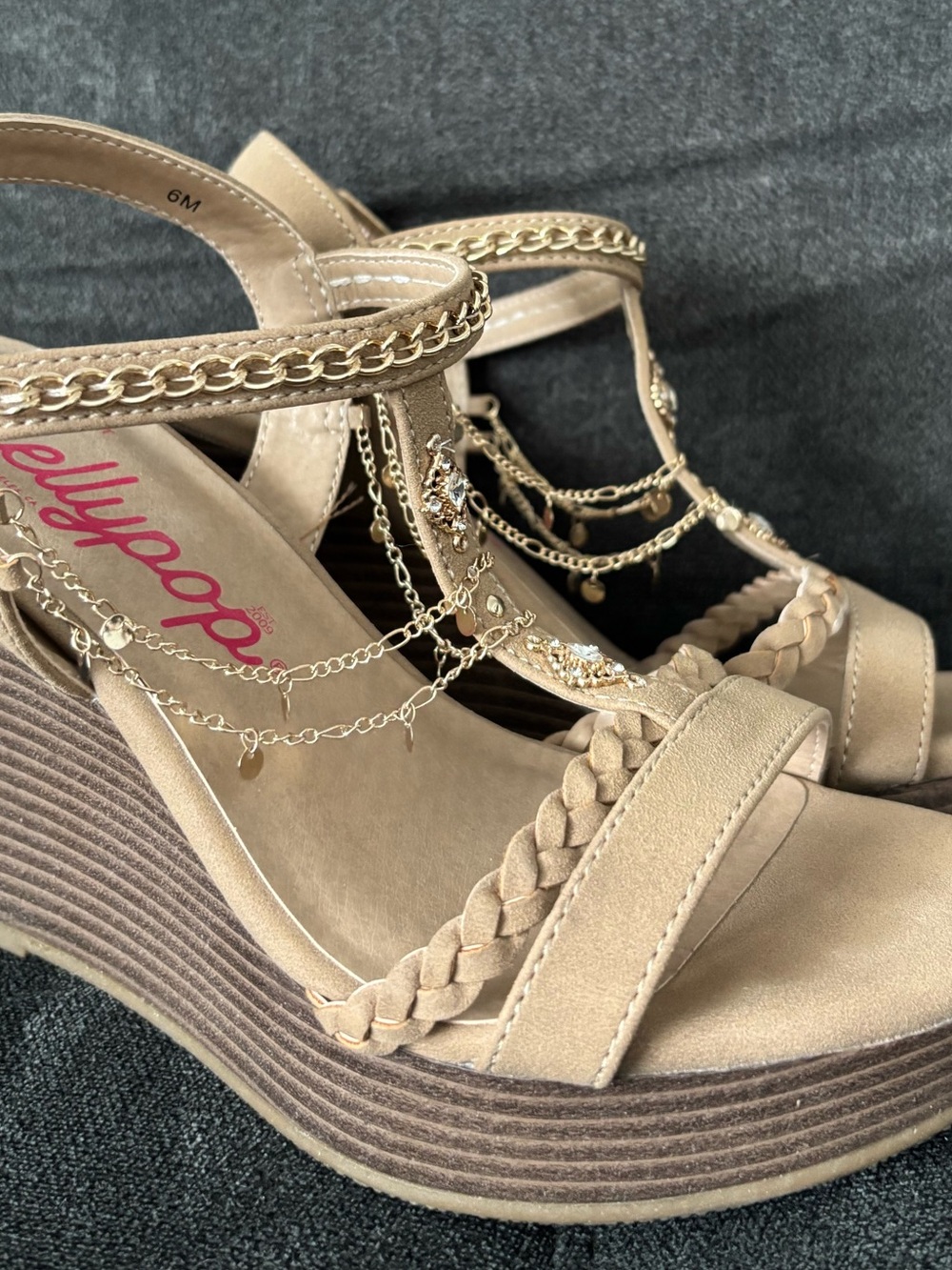 Jellypop Neutral Braided Wedge Sandals with Gold Chain Embellishments